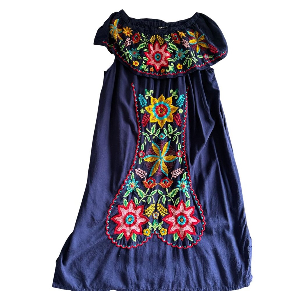 Navy Embroidered Off-Shoulder Mini Dress